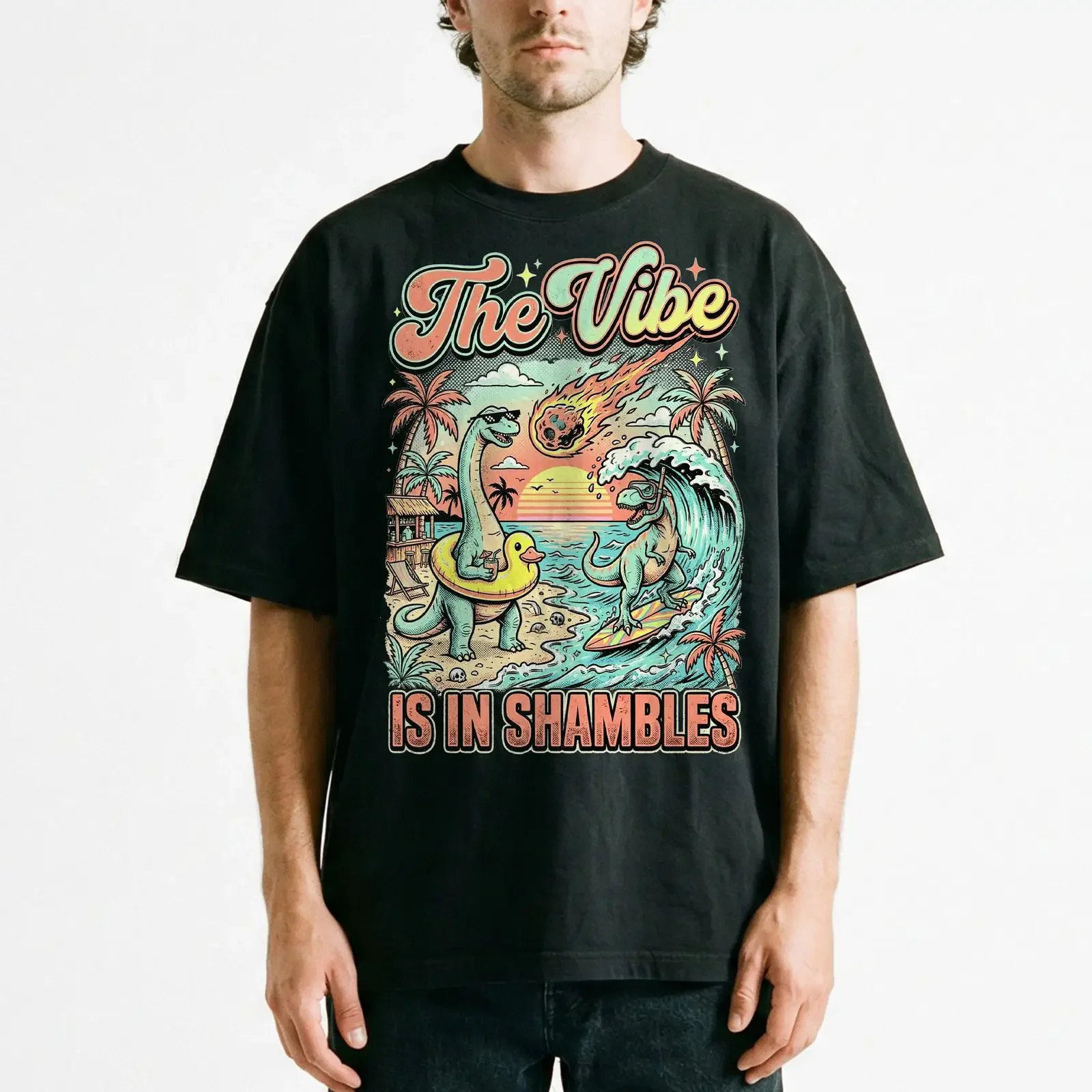 Y2K Dinosaur Beach Party T Shirt Funny Meteor Surfing Aesthetic Vibe Retro vintage Washed streetwear Stylish Soft homme Unisex