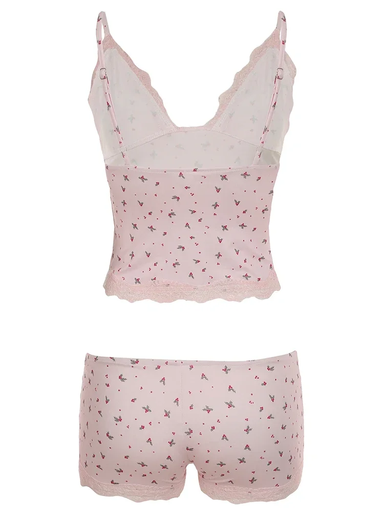 Women's Floral Lace Camisole and Shorts Pajama Set V Neck Cami Top & Lace Trim Sleepwear Loungewear Two Piece Set image 6