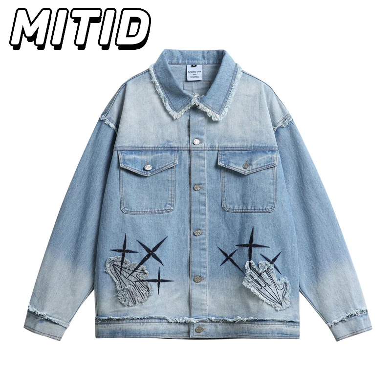 

High Street Oversized Jackets for Men Moustache Embroidery Washed Denim Jacket Men Casual Fashion Coats Cotton New in Outerwears