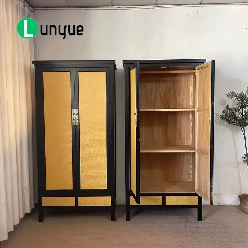 Medieval Solid Wood Rattan Wardrobe Modern Simple Black Storage Cabinet Locker for Bedroom Cloakroom Furniture Factory Direct