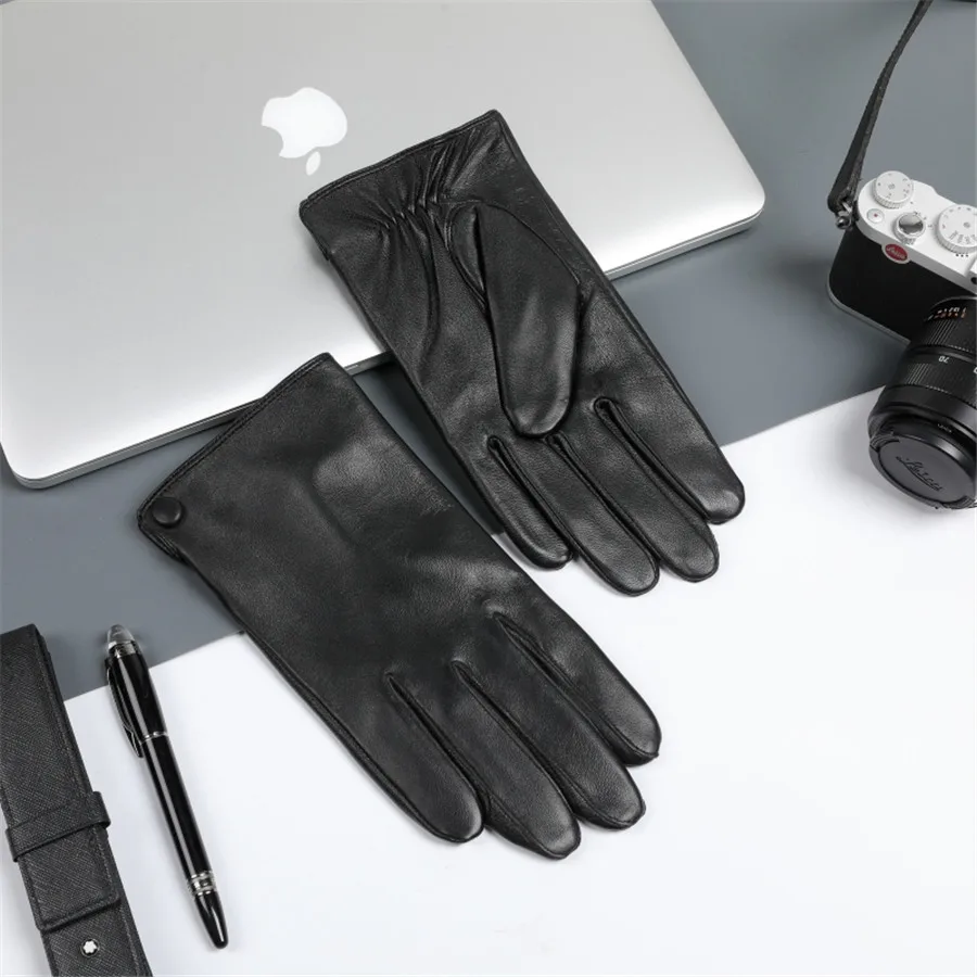 Men's First-Layer Sheepskin Warm Fleece-Lined Gloves, Windproof and Cold-Proof, Suitable for Cycling, Driving, Business Commuting, and Touchscreen Use