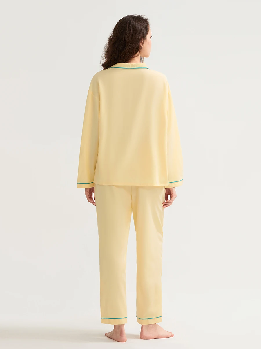 Женские осенние пижамные комплекты с карманами на пуговицах, топы с длинными рукавами и v-образным вырезом, брюки с широкими штанинами, комплект из 2 предметов для отдыха