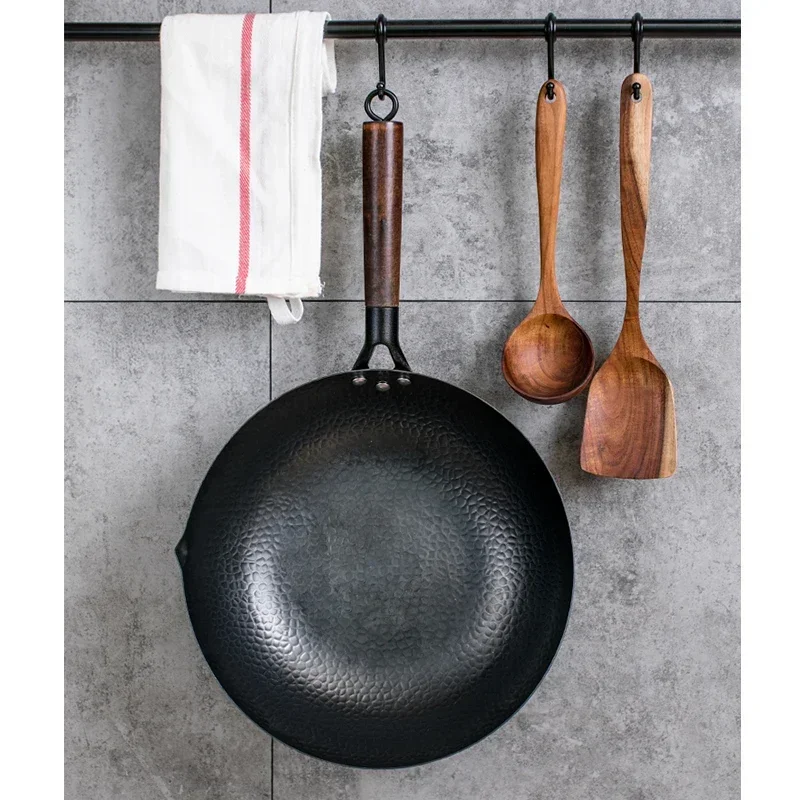 Sartén Wok de acero al carbono de 32cm, juego de Wok para freír con tapa de madera, sartén de fondo plano antiadherente para inducción eléctrica y estufa de Gas