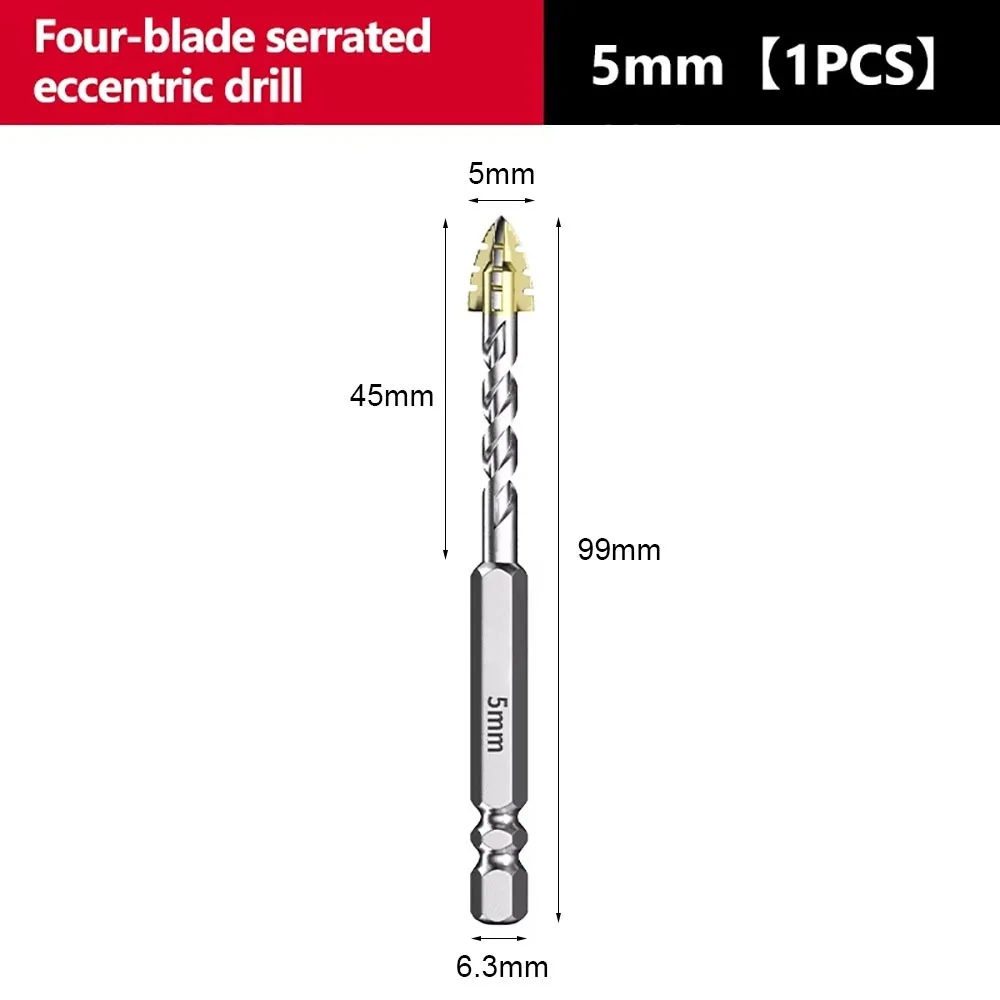 

1Pcs Four-edged Cross Serrated Drill Bit 5-12mm Alloy Steel Tile Drilling Tool Hexagonal Handle Eccentric Drill