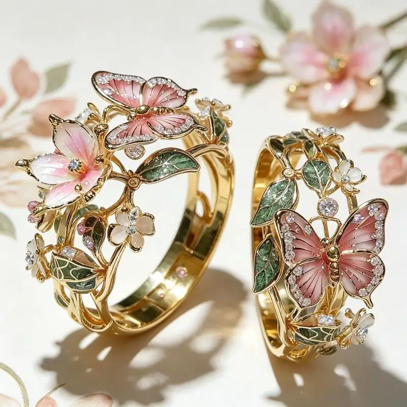 Gold Plated Enamel Ring Pink Butterfly Design Sparkling Crystal Accents Womens Daily Wear Party Gift