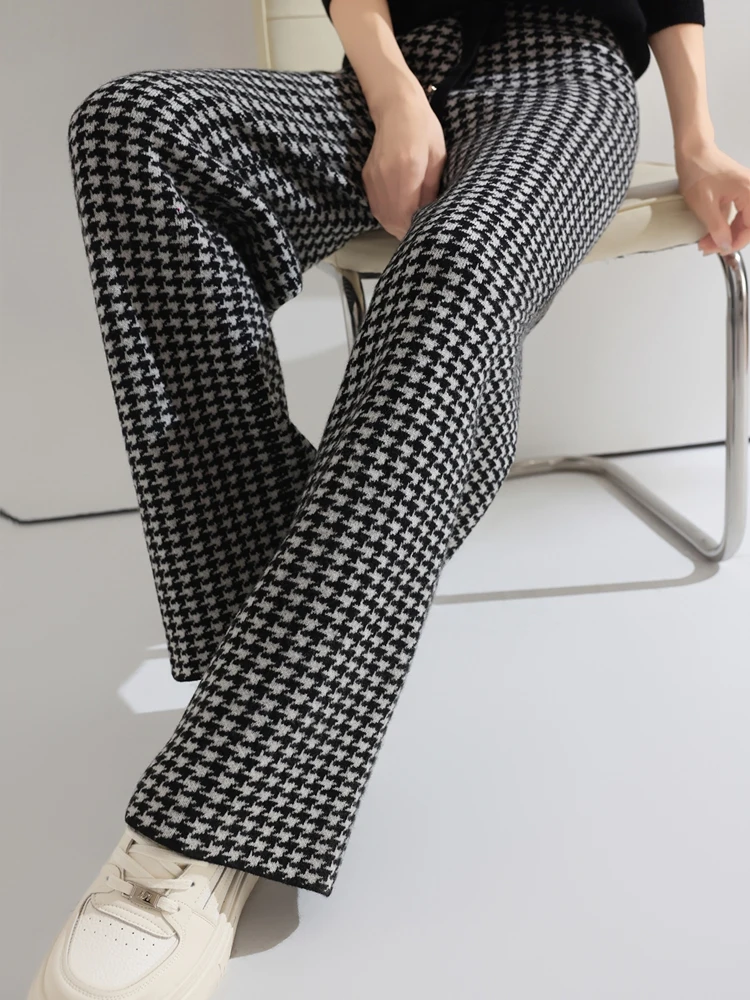 Wool Pants Women's Houndstooth Wide Leg Pants Thickened Autumn Winter Retro Trousers 100% Merino Wool Knitted High Waist Pants
