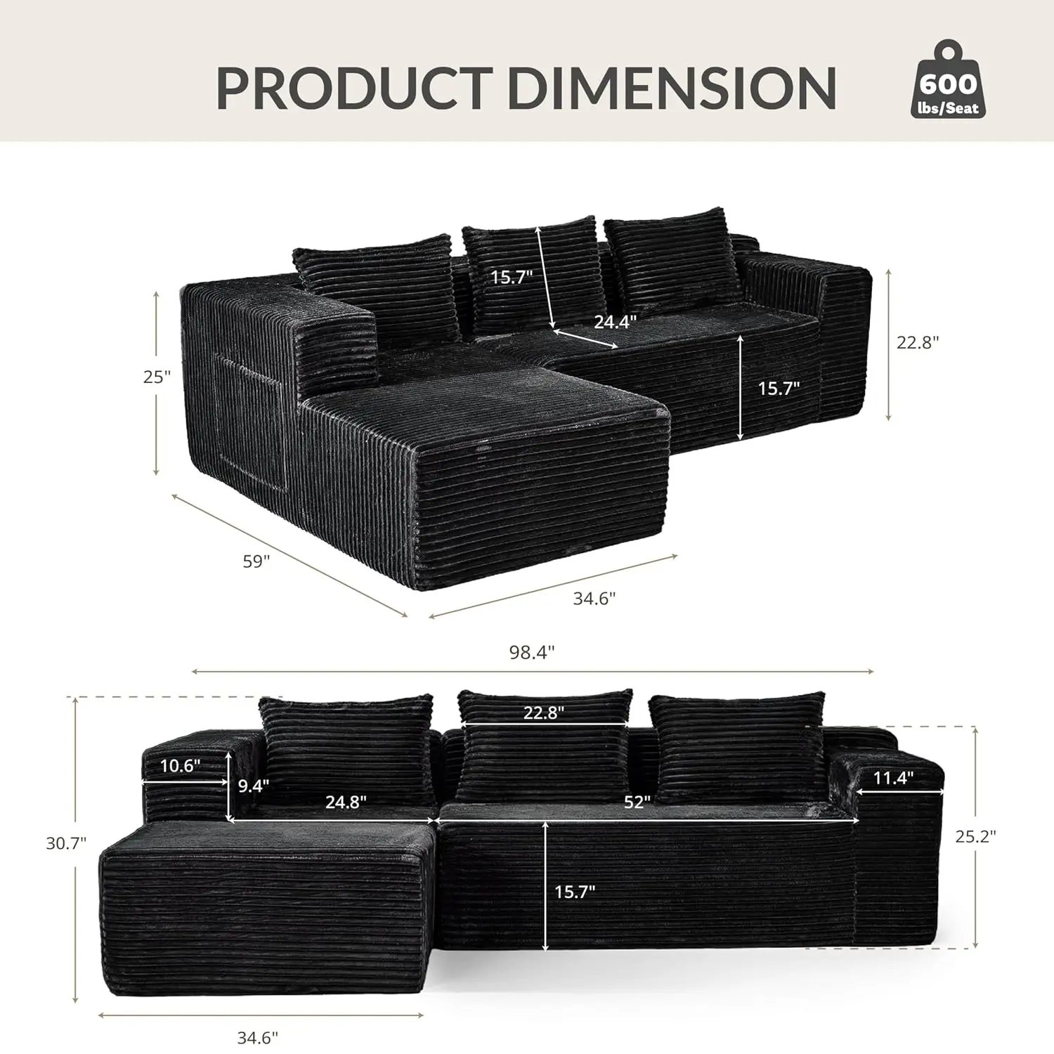 Modular Boneless Sectional Sofa for Living Room, Black, Customized