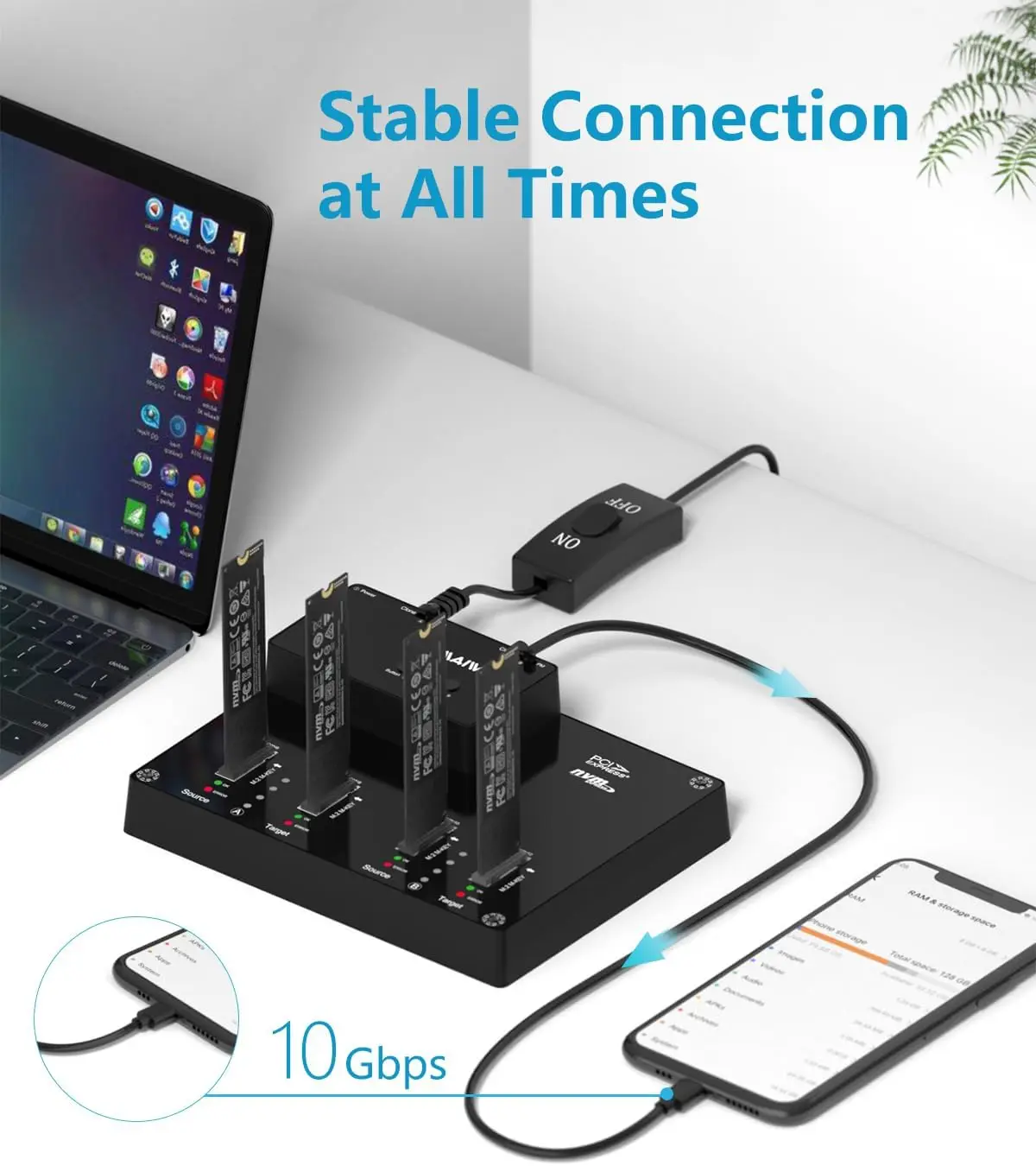 محطة إرساء MAIWO 4-Bay M.2 NVME SSD بسرعة 10 جيجابت في الثانية بدون أدوات من النوع C لدعم وظيفة ناسخ استنساخ القرص غير المتصل بالإنترنت/النظام