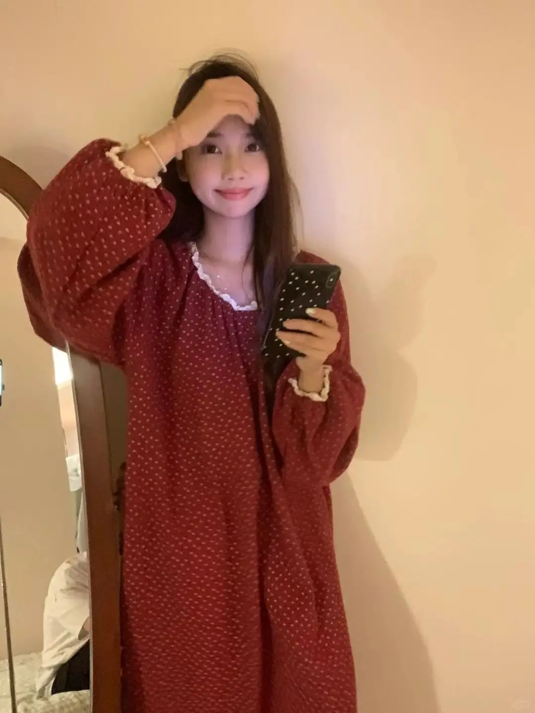 الكورية لطيف البولكا نقطة الأميرة نمط ثوب النوم للنساء ربيع الخريف الكورية فتاة فضفاضة طويلة الأكمام ثوب النوم بيجامة فستان جديد