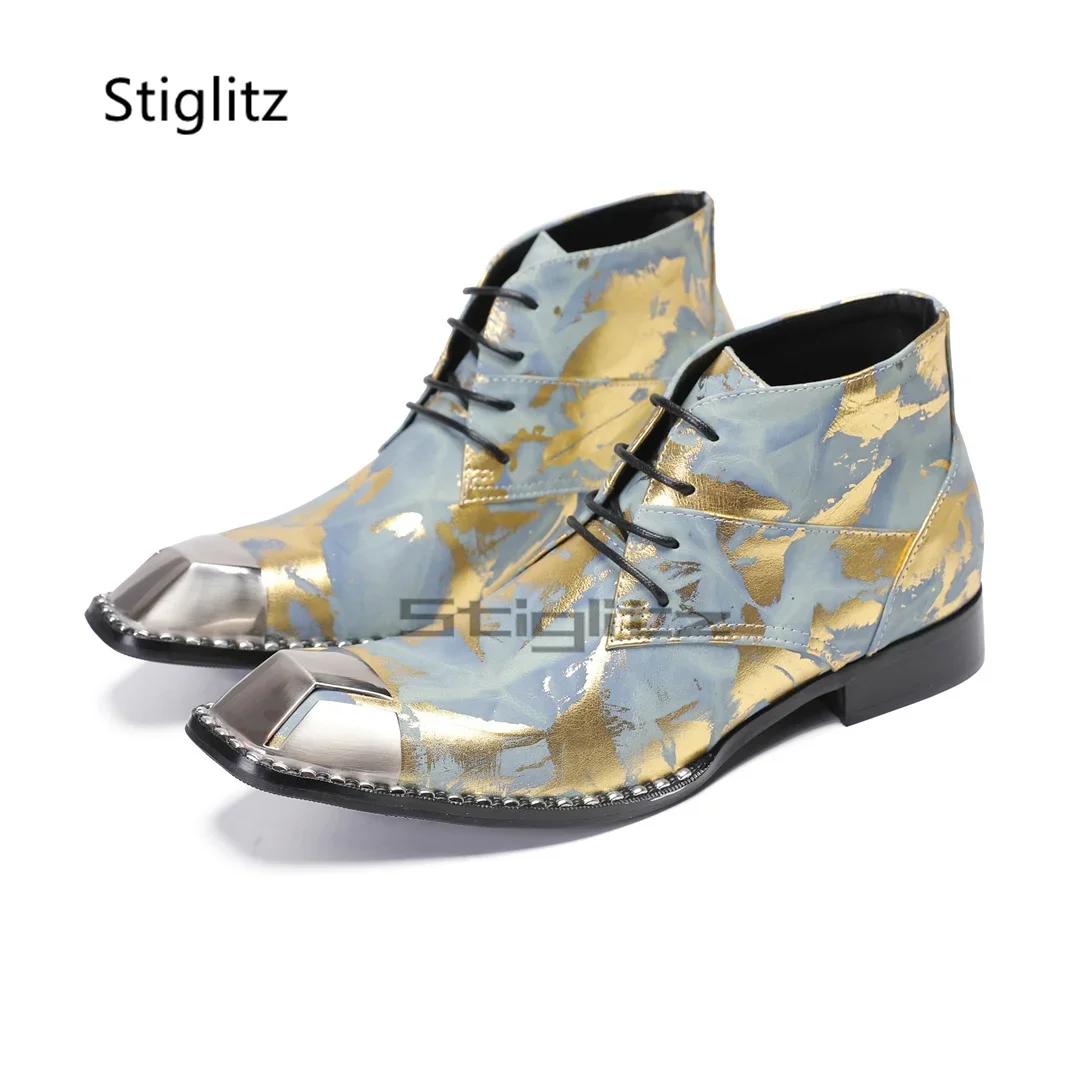 

Metal Squae Toe Prints Men's Boots Front Lace Up Low Heel Genuine Leather Ankle Boots Party Business Formal Shoes Male Boots