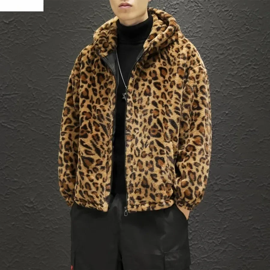 Autumn Winter Men's Hooded Jacket Fashion Couple Leopard Two-side Plush Zipper Coats Causal Loose Windbreaker Outerwear for Men