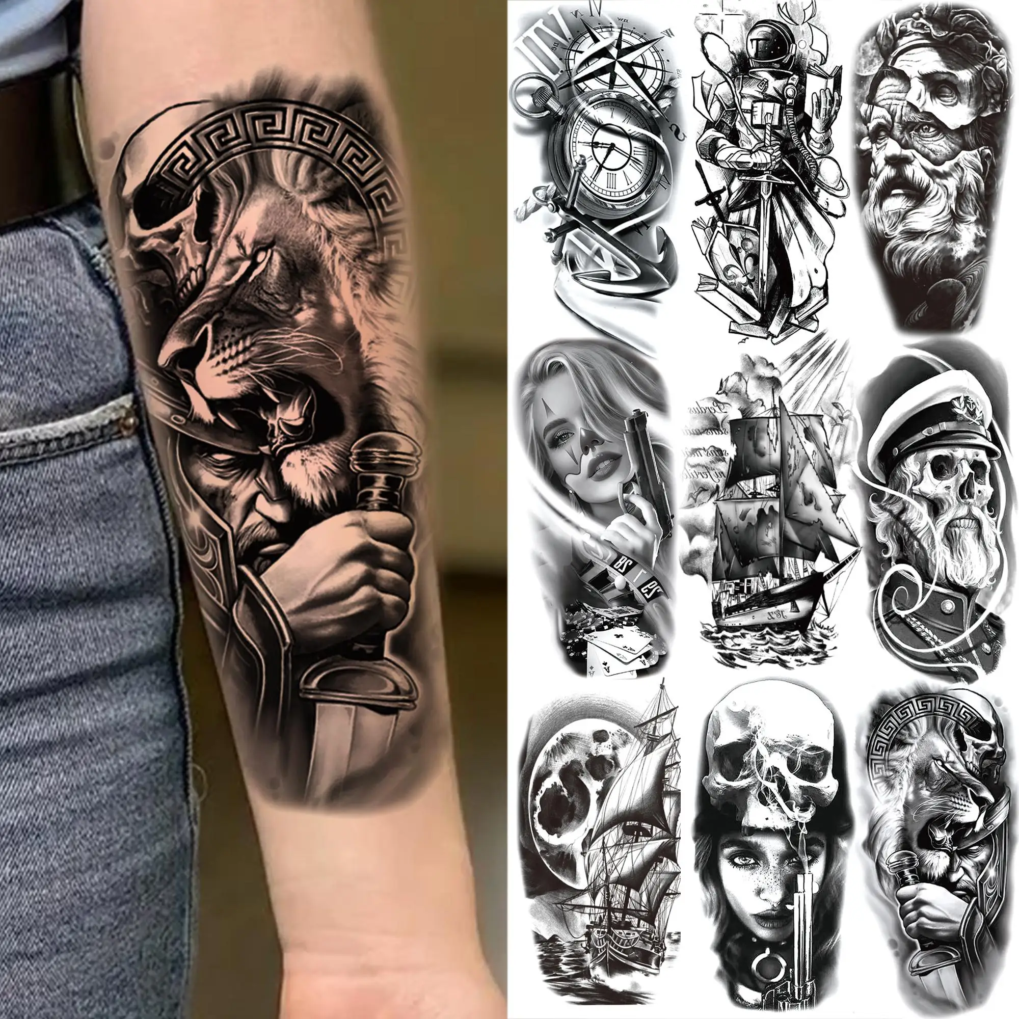 

1 лист, лев, воин, компас, пиратский корабль, временные татуировки для мужчин, женщин, взрослых, поддельные татуировки, наклейки, череп, гангстерский рукав