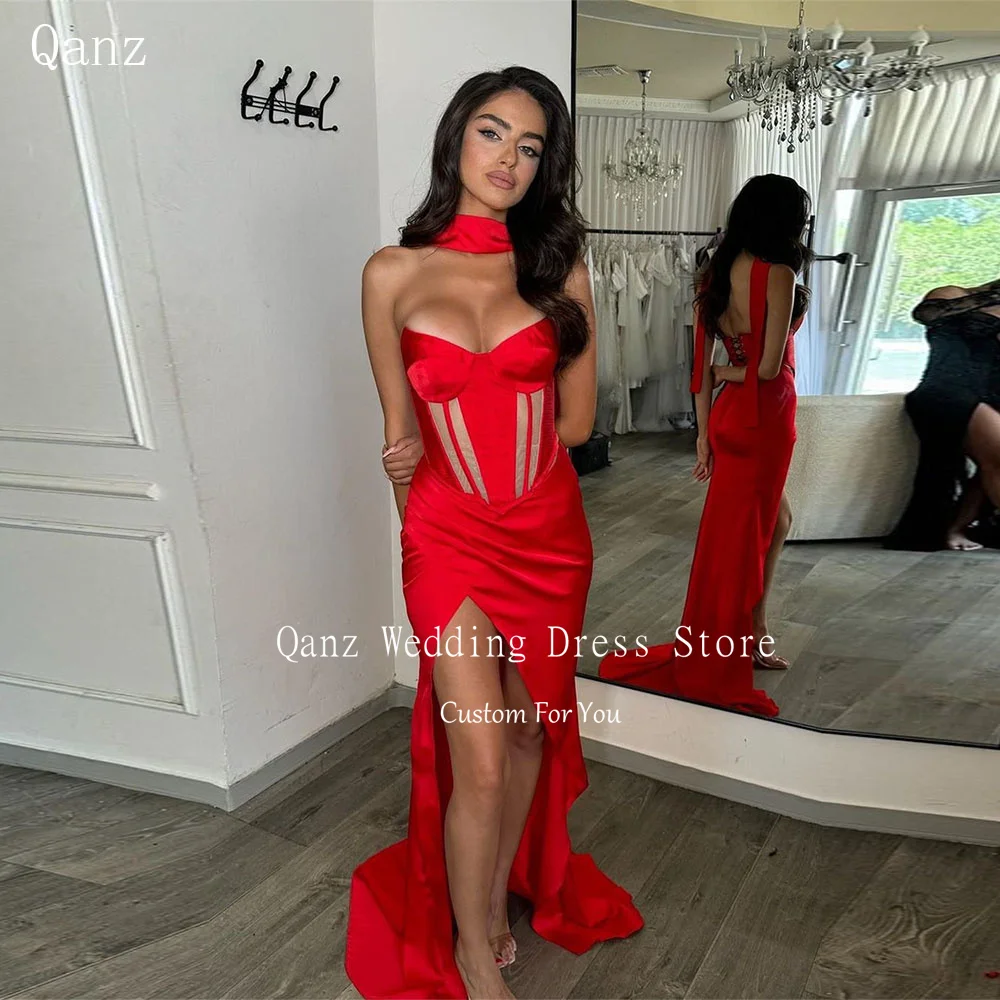 

Qanz Sexy Red Satin Evening Dresses Mermaid High Slit Strapless Party Dresses Lace Up Back See Through Prom Dresses 2024