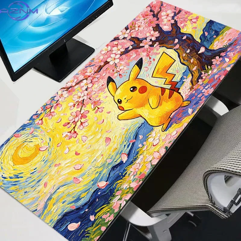 Starry Night Style Pikachu Cherry Blossom Art Print Rubber Mouse Pad Non Slip Gaming Desk Mat for Desktop Decor