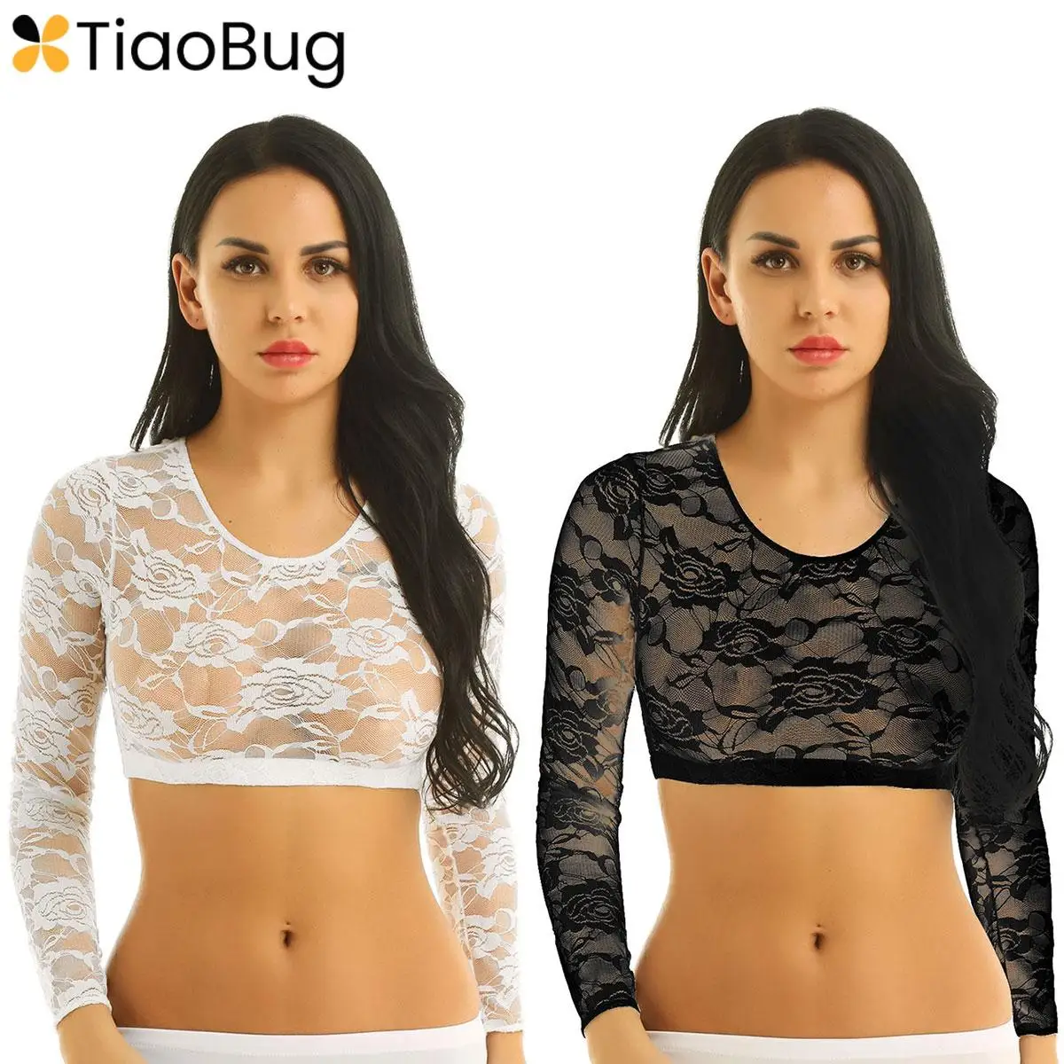 

Women Transparent T-shirt Sexy Lace Floral Mesh Soft See Through Scoop Neck Long Sleeves Crop Tops Short Blouse T-shirt 2024 New