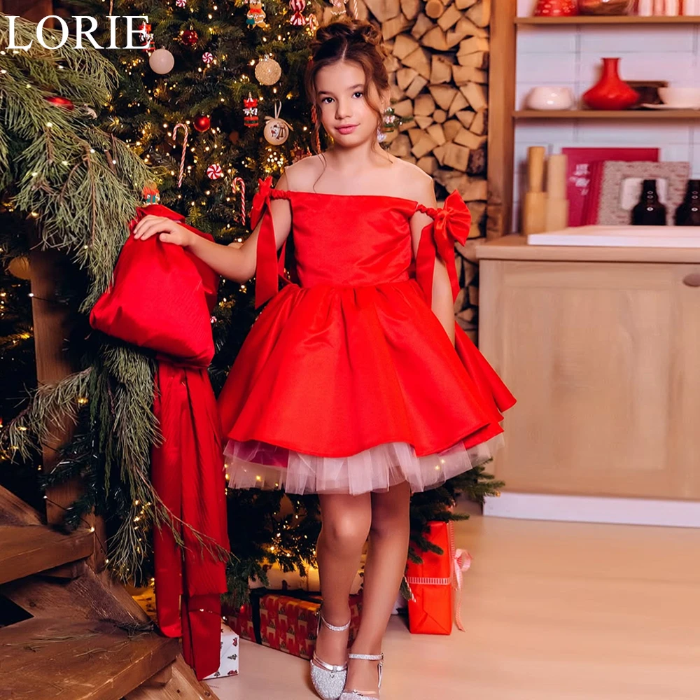 Lorie elegante vermelho flor menina vestidos a linha colher arco plissado bonito vestido de festa de casamento 2025 vestido de aniversário de fadas personalizado