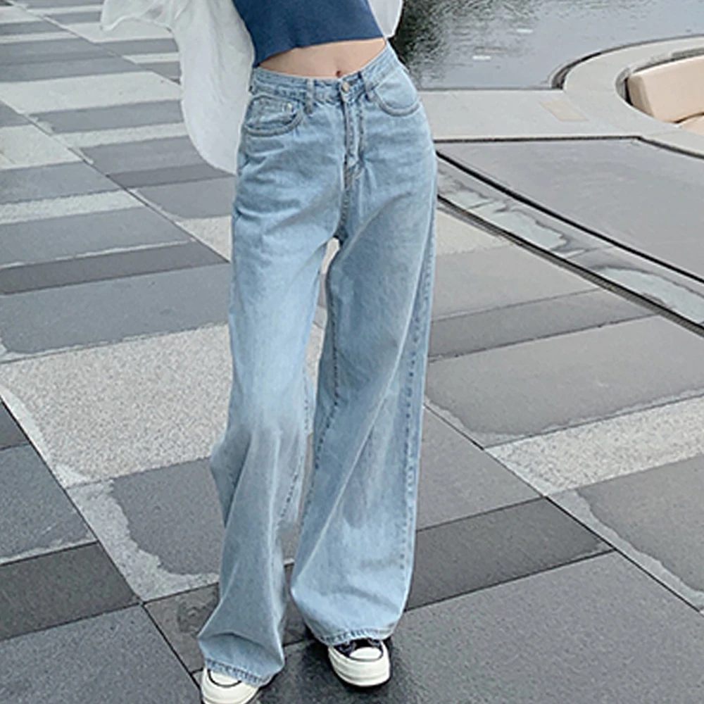 빈티지 스트레이트 진 여성 와이드 레그 루즈 데님 팬츠 가을 봄 패션 캐주얼 바지 화이트 블랙 블루 단색