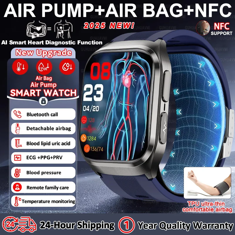 

2025 Новые умные часы с подушкой безопасности для кормления AI Diagosis Воздушный насос ЭКГ + PPG Артериальное давление Мочевая кислота Кровь Липид Здоровье Смарт-часы