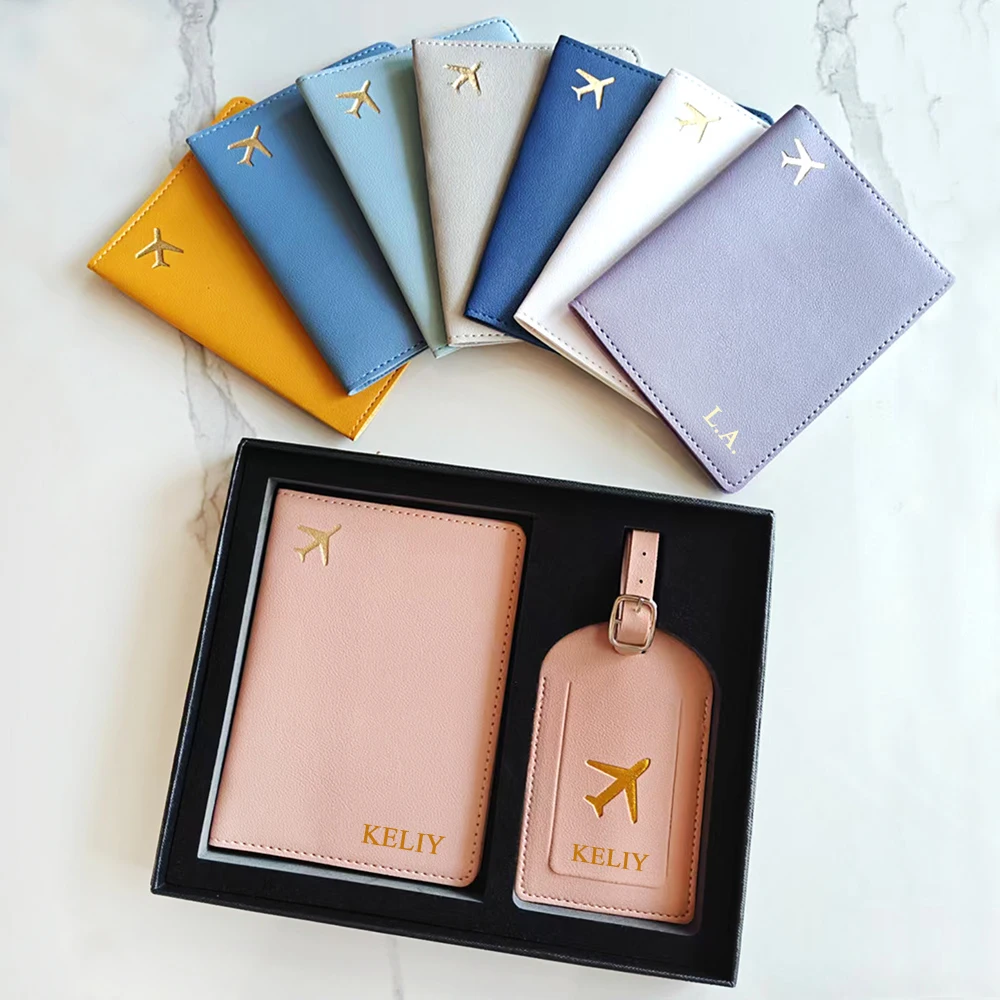 Custom Name Travel Passport Cover Luggage Tags Gift Box Set Gold Airplane Personalize Initials Passport Cover Travel Accessories
