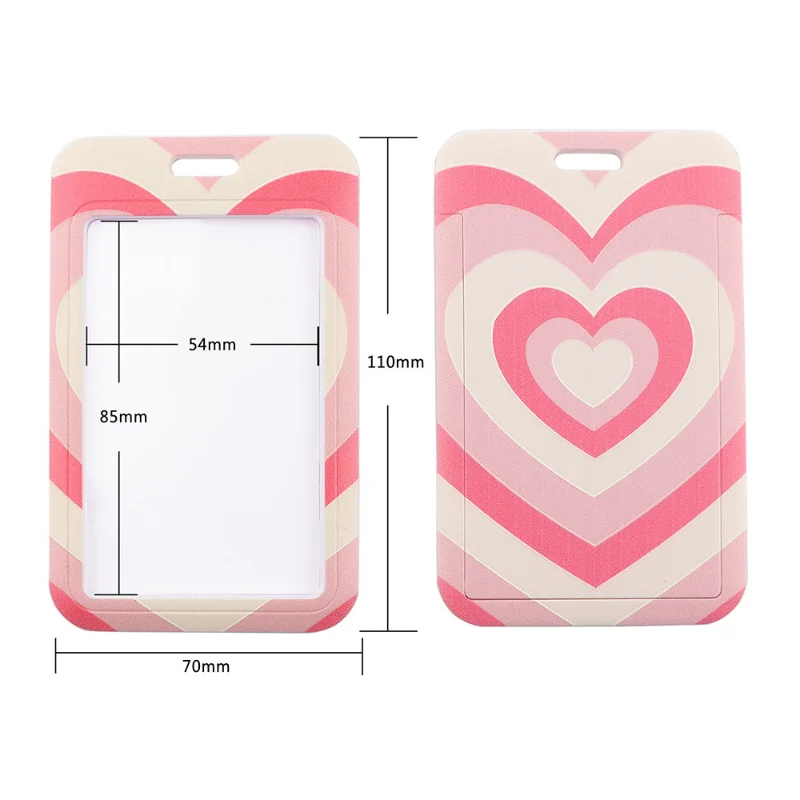 1set ID Name Badge Holder with Cellphone Hanging Rope Hearts Pattern Work Pass Card Sleeve with Polyester Lanyard Neck Strap