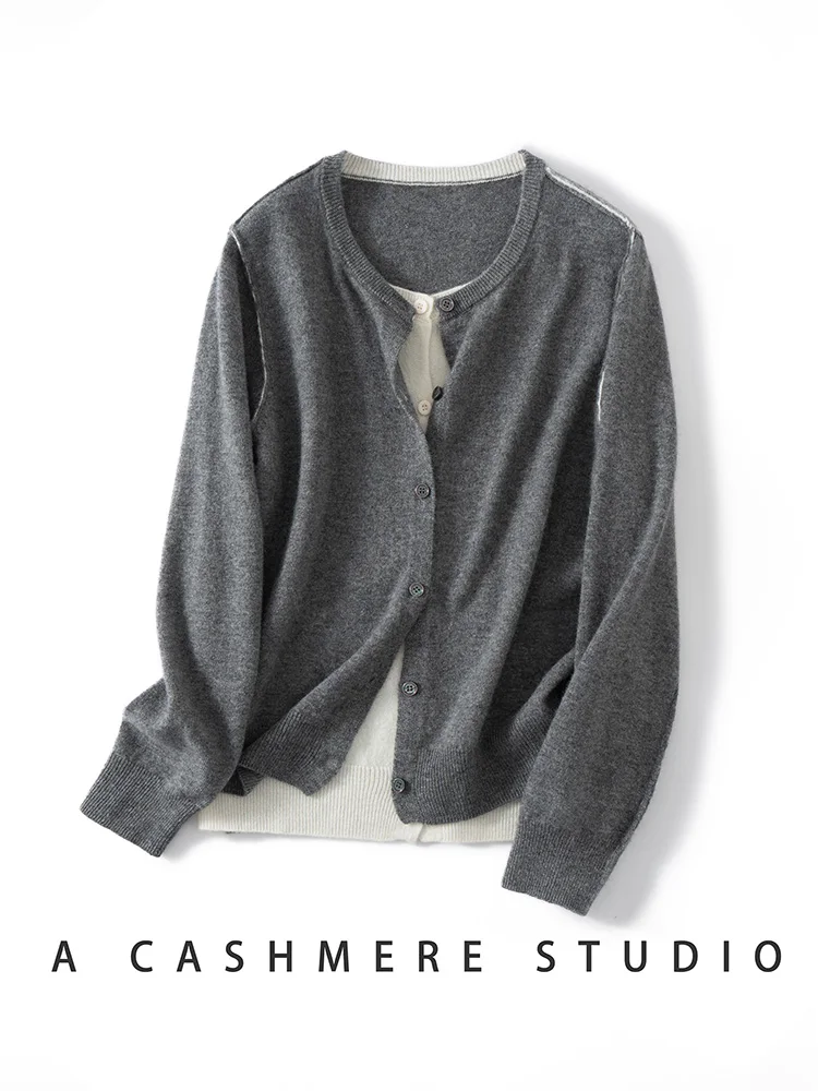 2025 nouvelles femmes pull en cachemire col rond boutons Cardigan 100% cachemire tricots automne hiver vêtements hauts conception de blocage de couleur