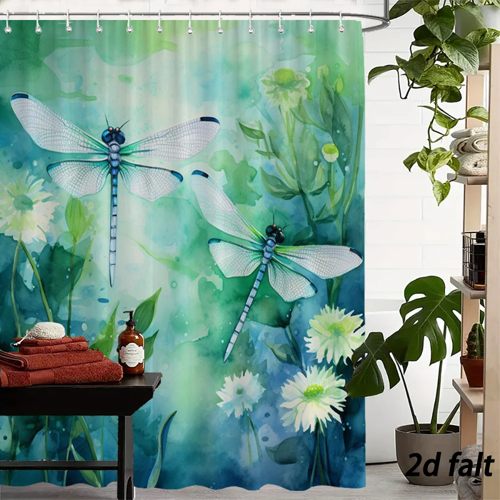 Vibrant Dragonfly and Floral Shower Curtain - Lush Green Botanical Bathroom Decor for Spa-like Ambiance