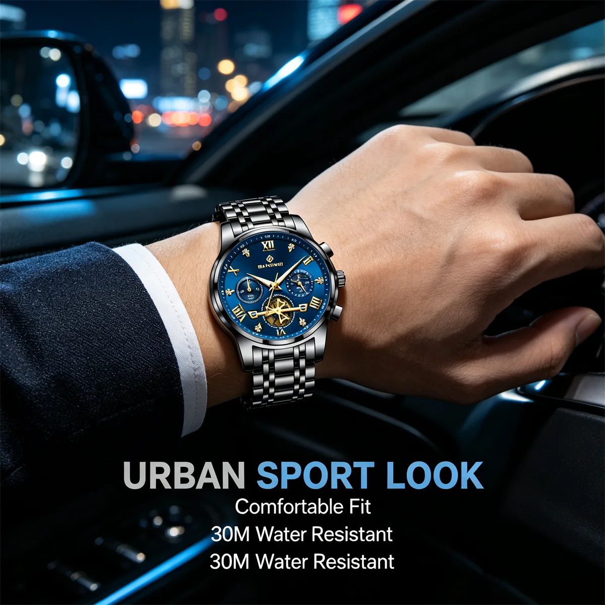 BANGWEI Men's Watches Classic Multifunctional Fltwheel Chronograph Original Quartz Wristwatch Moon Phase 30M Waterproof Box