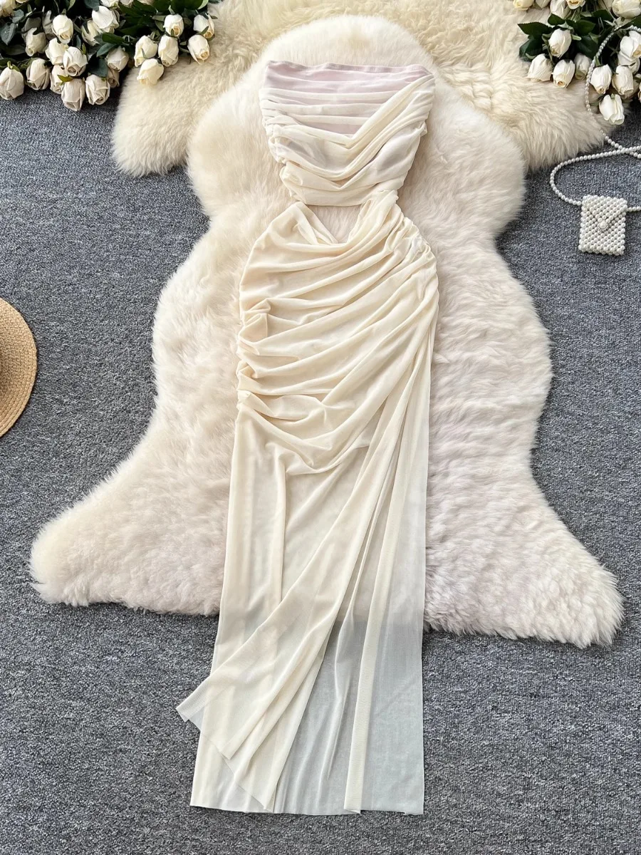 Foamlina Abito slim senza maniche con vita cava alla moda Abiti longuette in rete divisa con ritaglio a cuore sexy americano da donna