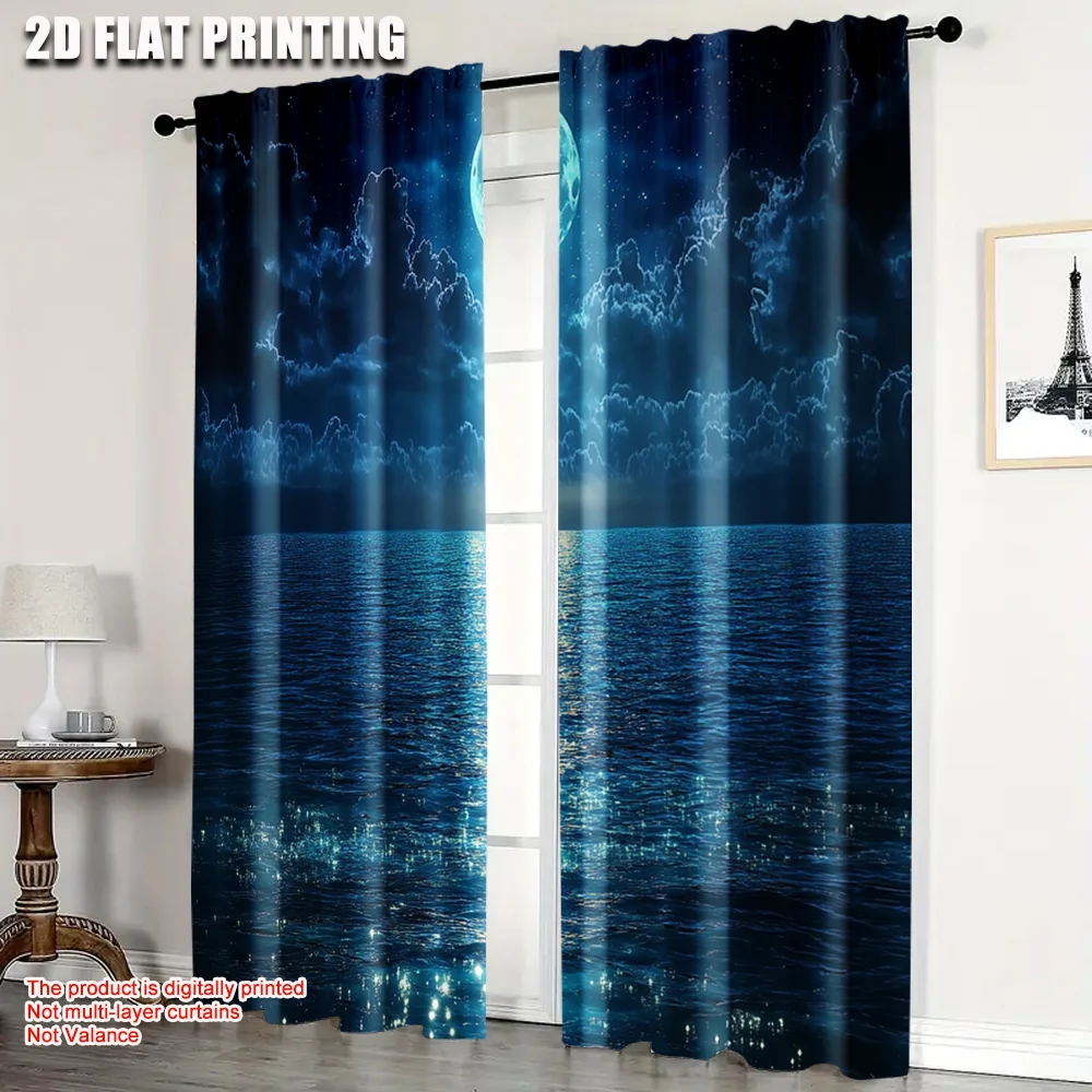 

2pcs, Creative Curtains 2D print Moonlit Lake & Starry Sky Versatile Polyester (without rod) Gifts Use for Bedroom, Office,
