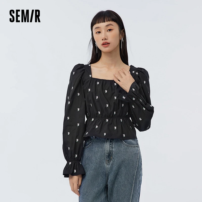 Semir camicia a maniche lunghe donna colletto quadrato corto ricamato 2023 primavera nuova camicia elegante nera