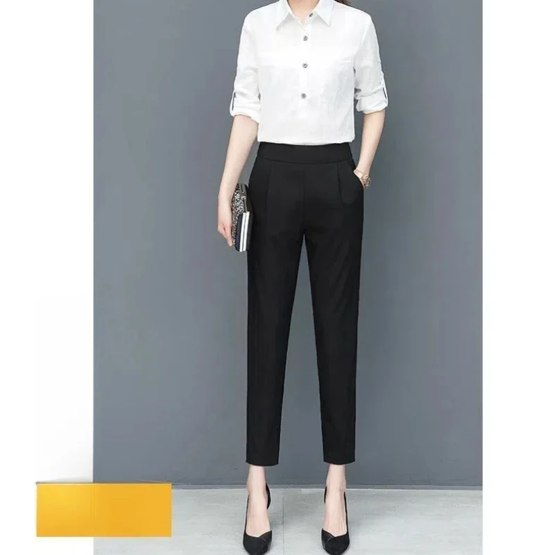 FJPays l-Pantalon court taille haute pour femme, vêtements de bureau, poches élastiques, monochromatique, vacances, printemps, automne