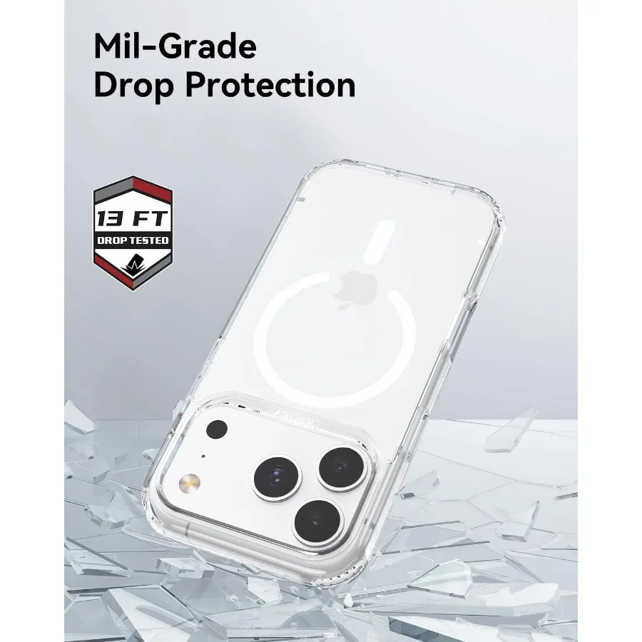 Capa projetada diamante transparente para telefone 17 Pro, compatível com MagSafe, proteção de grau militar à prova de choque, nunca amarela