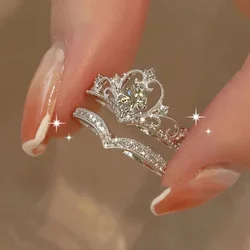 Exquisite New Crown Princess Zircon Wedding Ring Open Ring Set 2-Piece Set For Temperament And Sweet Ladies Jewelry Gift