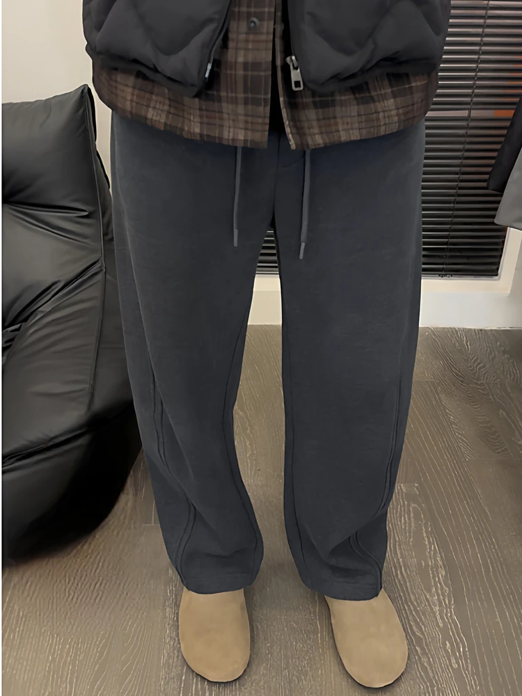 

Thiened Fce Lined Straight Leg Casual Pants for Men Winter New Sle Trendy Brand Patchwork Design Warm All-Match Sle