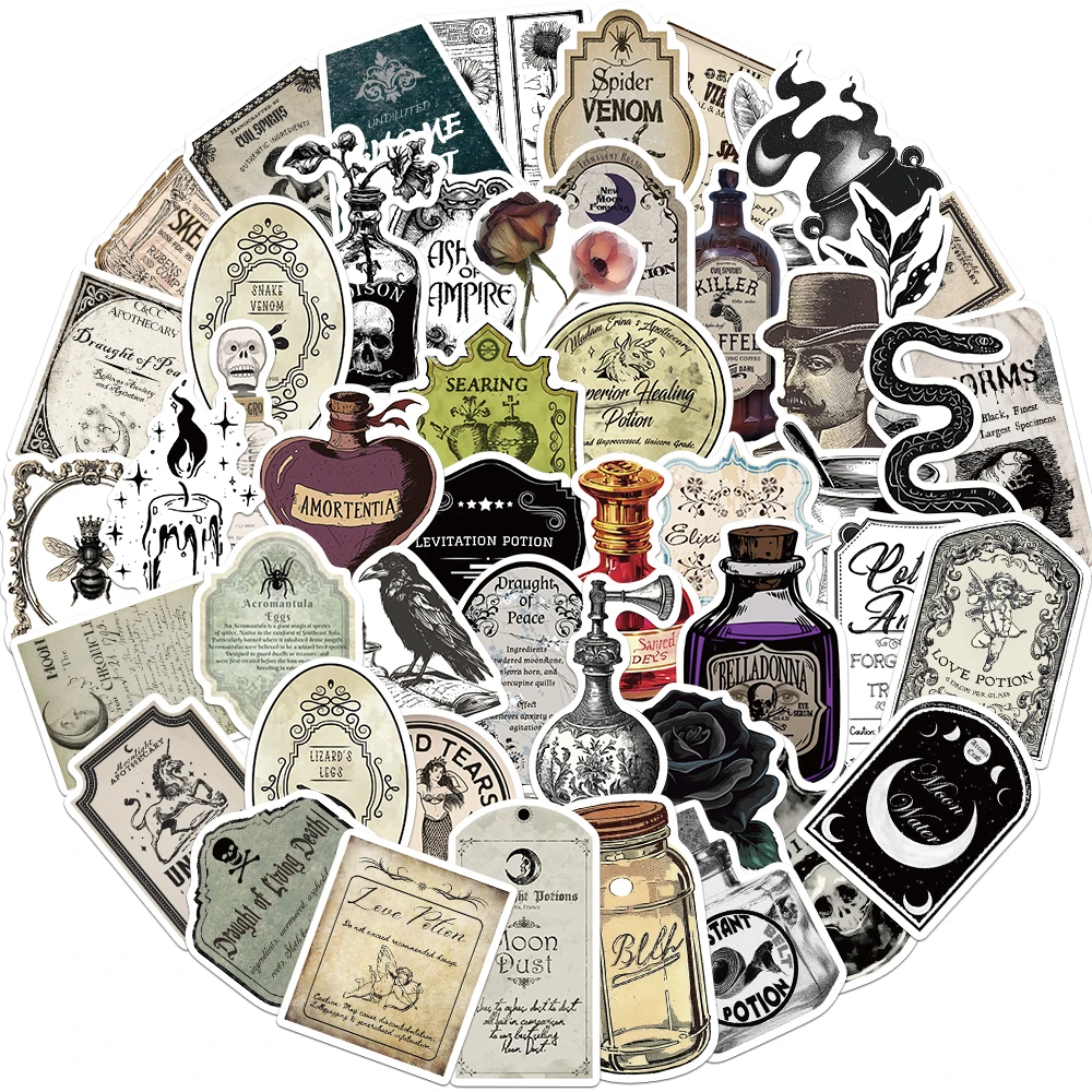 50PCS Gothic Pharmacist Medication Label Stickers Scrapbooking Collage Material Skateboard Phone Case Luggage Waterproof Sticker