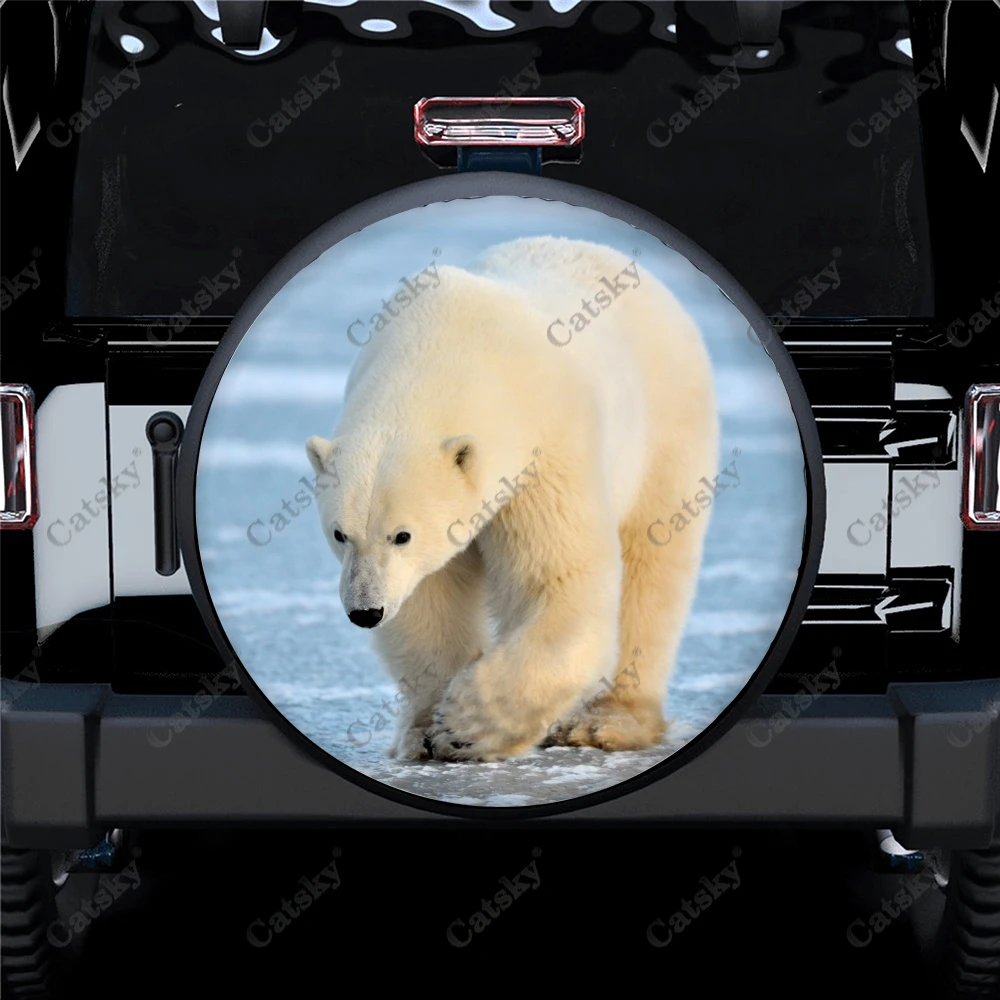 White Polar Bear Print Car Spare Tire Cover Waterproof Protect for Truck SUV Trailer Auto Accessories Camping Decoration 14-17in