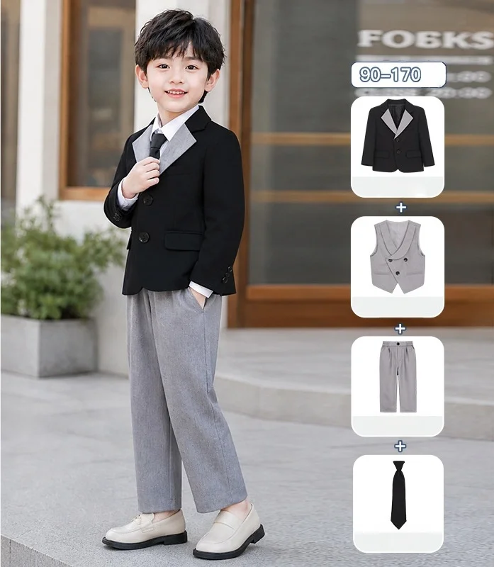 Children's British Style Suit Flower Boys First Birthday Photography Outfit Children's Host Piano Recitation Performance Costume