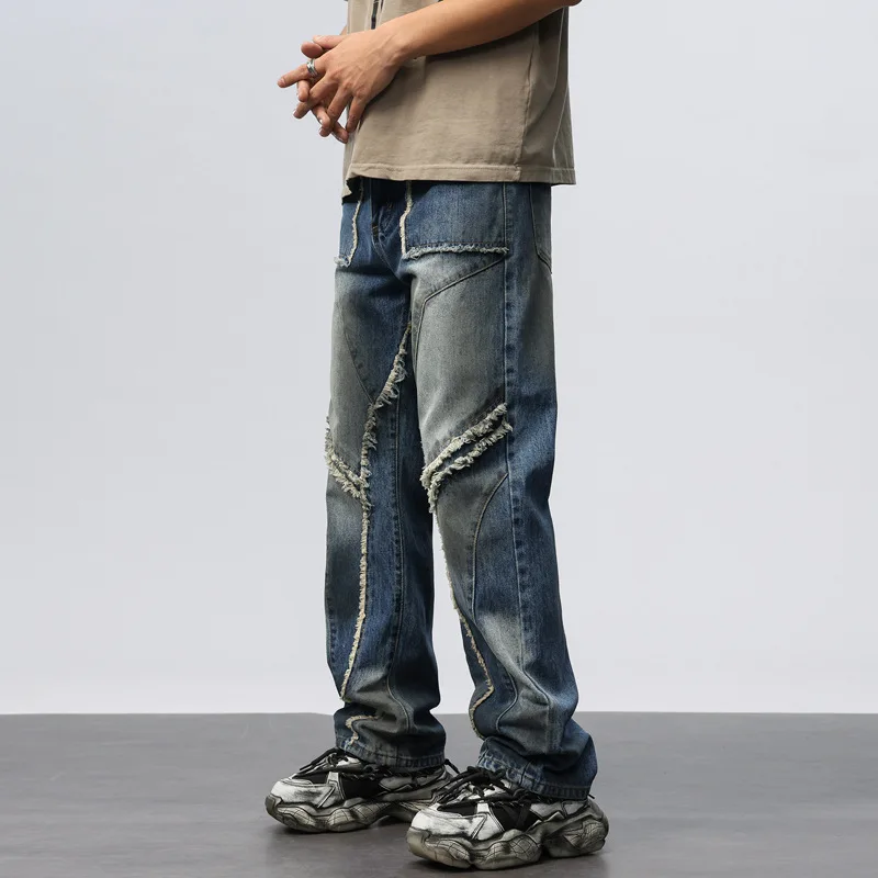 642 Spring American high-end hip-hop retro splicing high street loose all-matching casual straight jeans for men