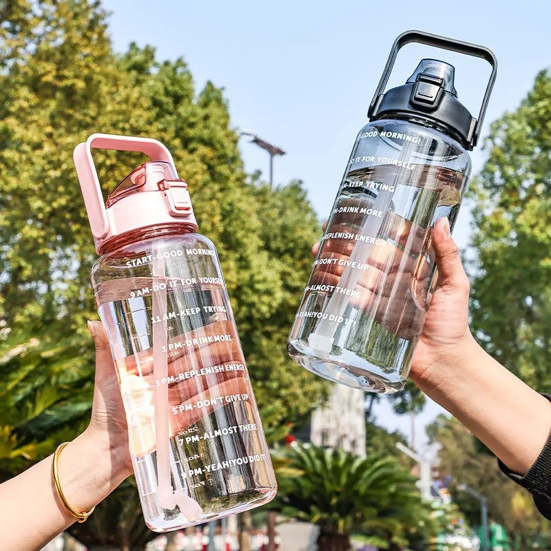 

2L Portable Water Bottle Large Capacity Plastic Straw Water Cup Drink Bottle With Time Marker For Outdoor Sports Fitness
