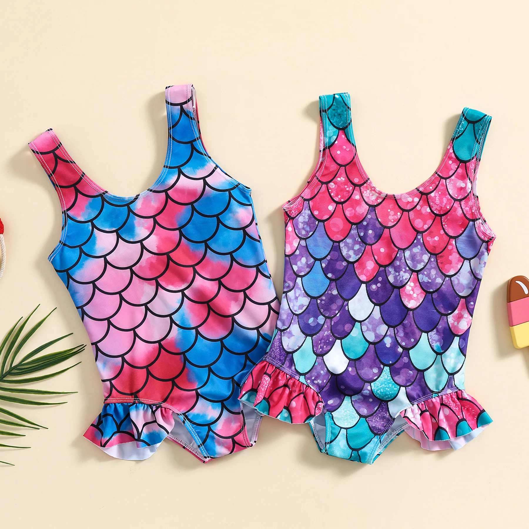 Toddler one piece swimsuit with ruffle and pink blue gradient mermaid scale pattern for beach and pool water play