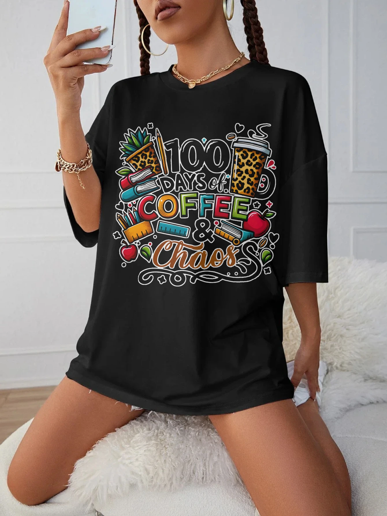 

Кофейная женская черная футболка с круглым вырезом, большие размеры, удобная осенняя одежда, мягкие праздничные наряды на Хэллоуин на осень