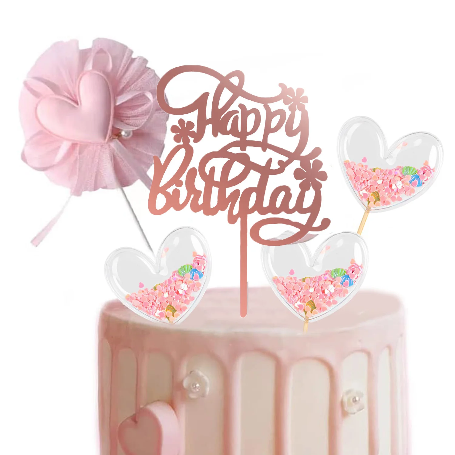 PinkHeart Happy Birthday Cake Topper  Birthday Cake Topper Lovely Heart Cupcake Toppers Picks Pink Cake Decorations for Birthday