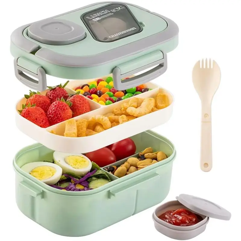 AEB0-Adults Bento Lunch Box With Salad Container, Sauce Cup And Reusable Fork - Leak-Proof, Multi-Compartment