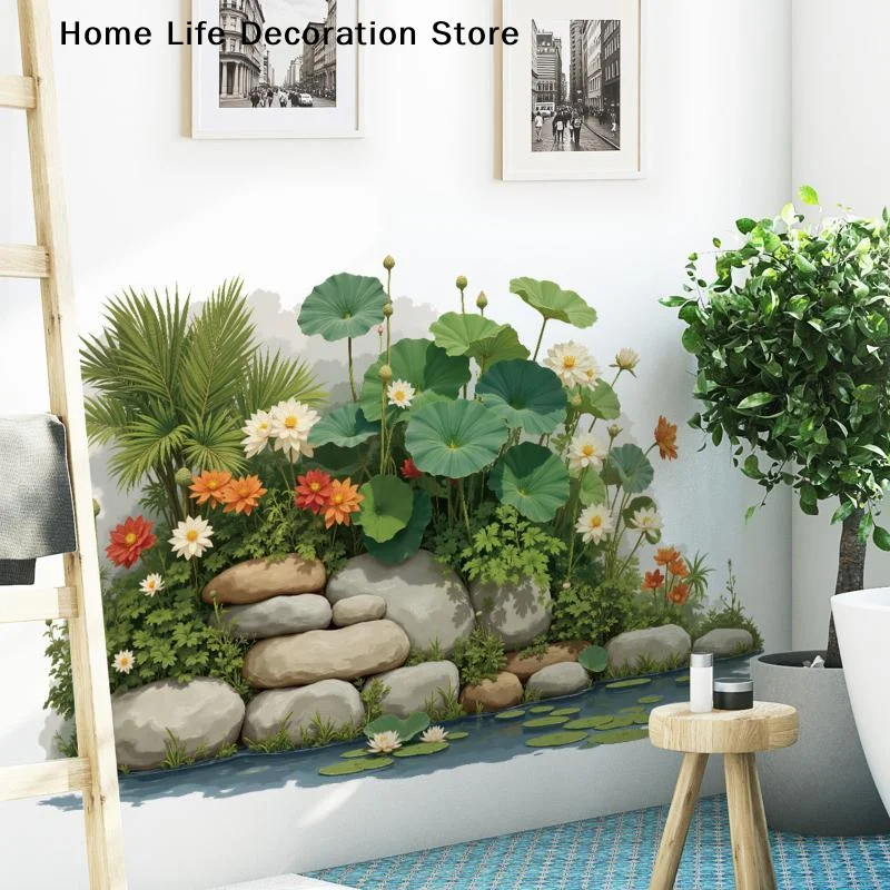 【H】Pond Lotus Green Plants Viewing Wall Sticker Self-adhesive Art Landscape Wallpaper For Living Room Bedroom Home Wall Decor