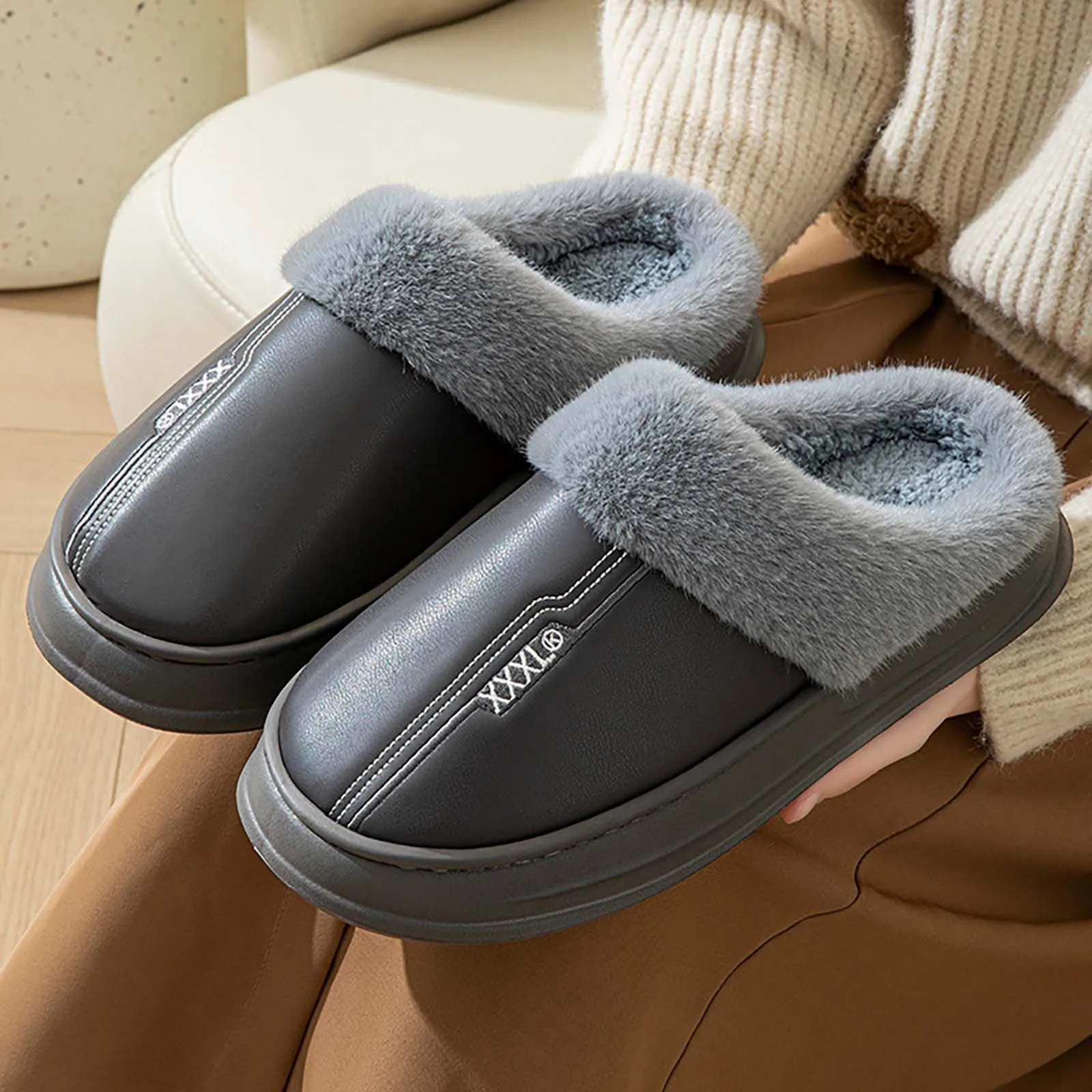 Winter Cotton Slippers Leather Warm Winter Cotton Slippers Plush Home Cold Protection Indoor Leisure Plus Velvet Thick Sole
