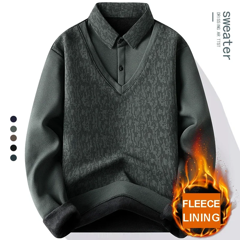 

Men's Fleece Lined Polo Shirt Pullover Slim Fit Elegant Luxury Brand Knitwear Fake Two Pieces Knitted Fleece Sweaters