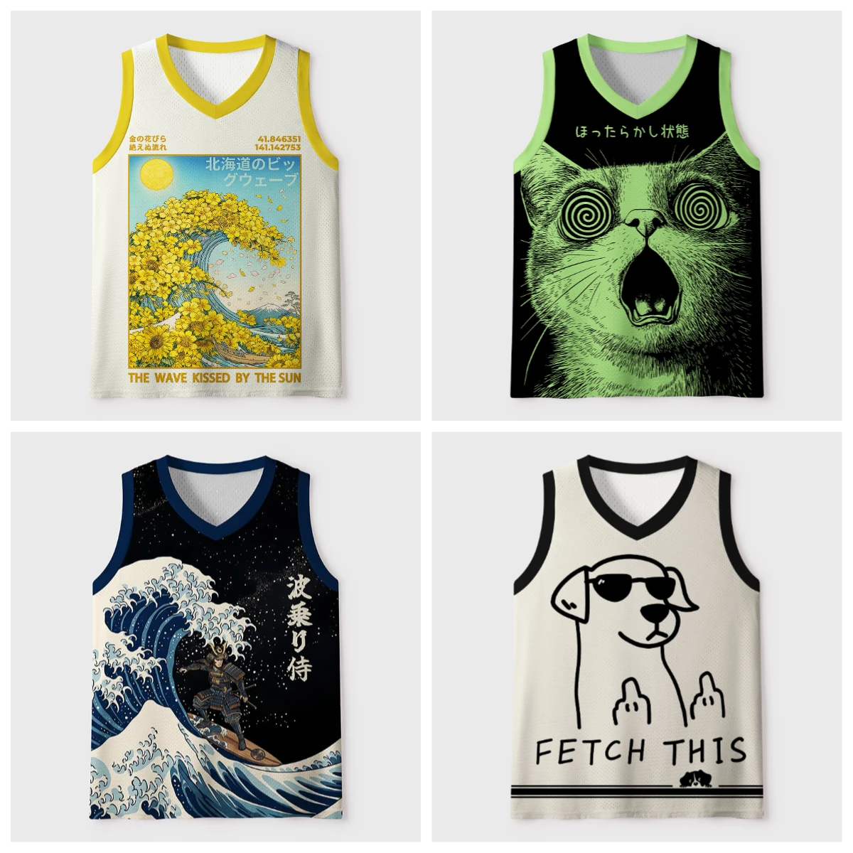 2026New V-neck Mesh Basketball Sports Vest Japanese Ukiyo-e Animal Print Sleeveless Loose Street Style Breathable Sports T-shirt