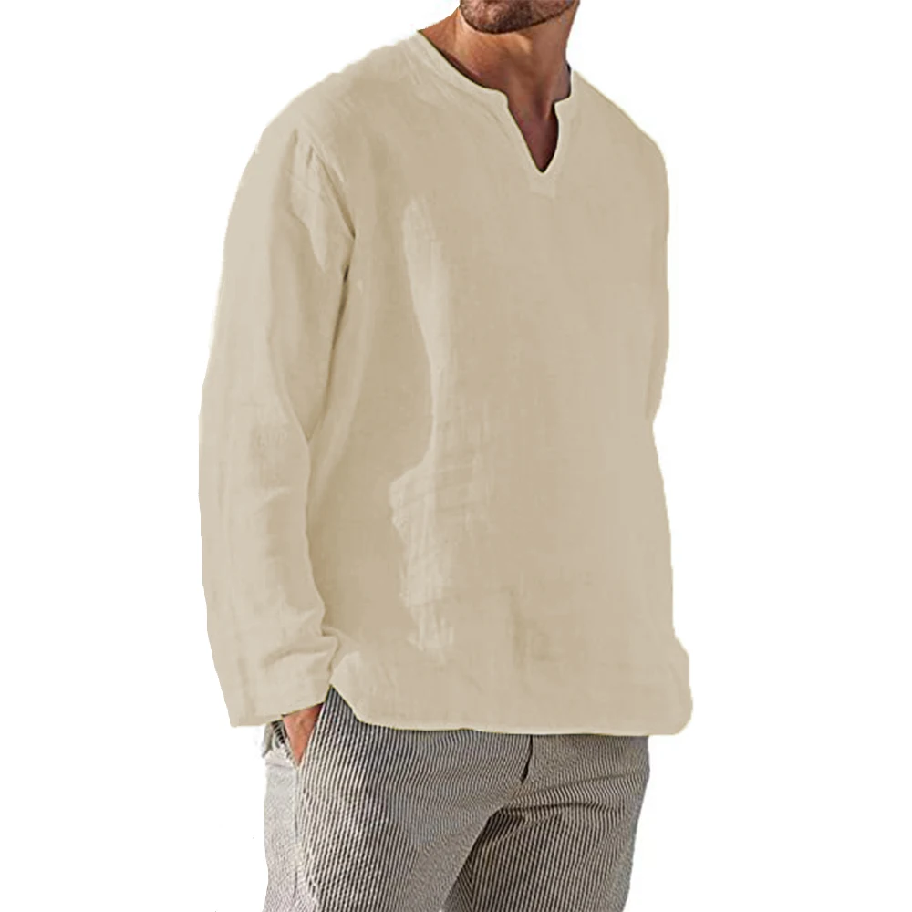 Chemise en coton et lin pour hommes, slip respirant, confortable, couleur unie, manches longues, col en V, chemisier décontracté, chemise hawaïenne, hauts surdimensionnés