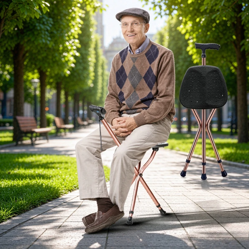 Folding Cane Seat with LED Light Enlarged Pad Walking Stick Stool Thick Aluminum Frame Comfort Grip Triangular Non Slip Feet