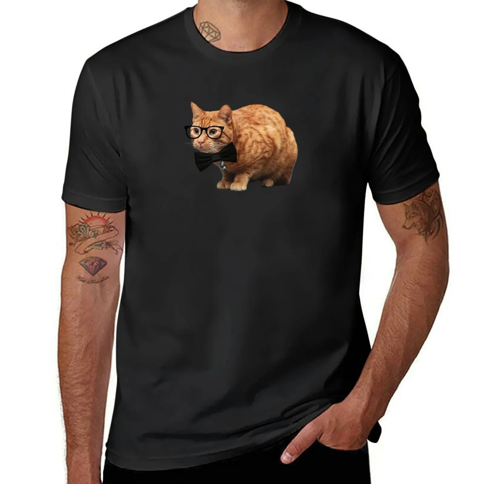 A Working Cat Wearing Black Bowtie and Glasses Funny Silly Orange Tabby Cat T-Shirt plus size tops plain funny t shirts for men